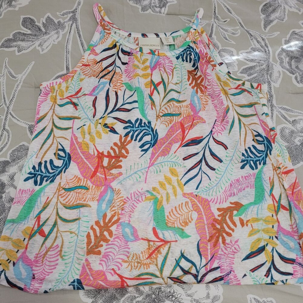 Cynthia Rowley Colorful Print Linen Halter Style Sleeveless Tank Top Medium EUC